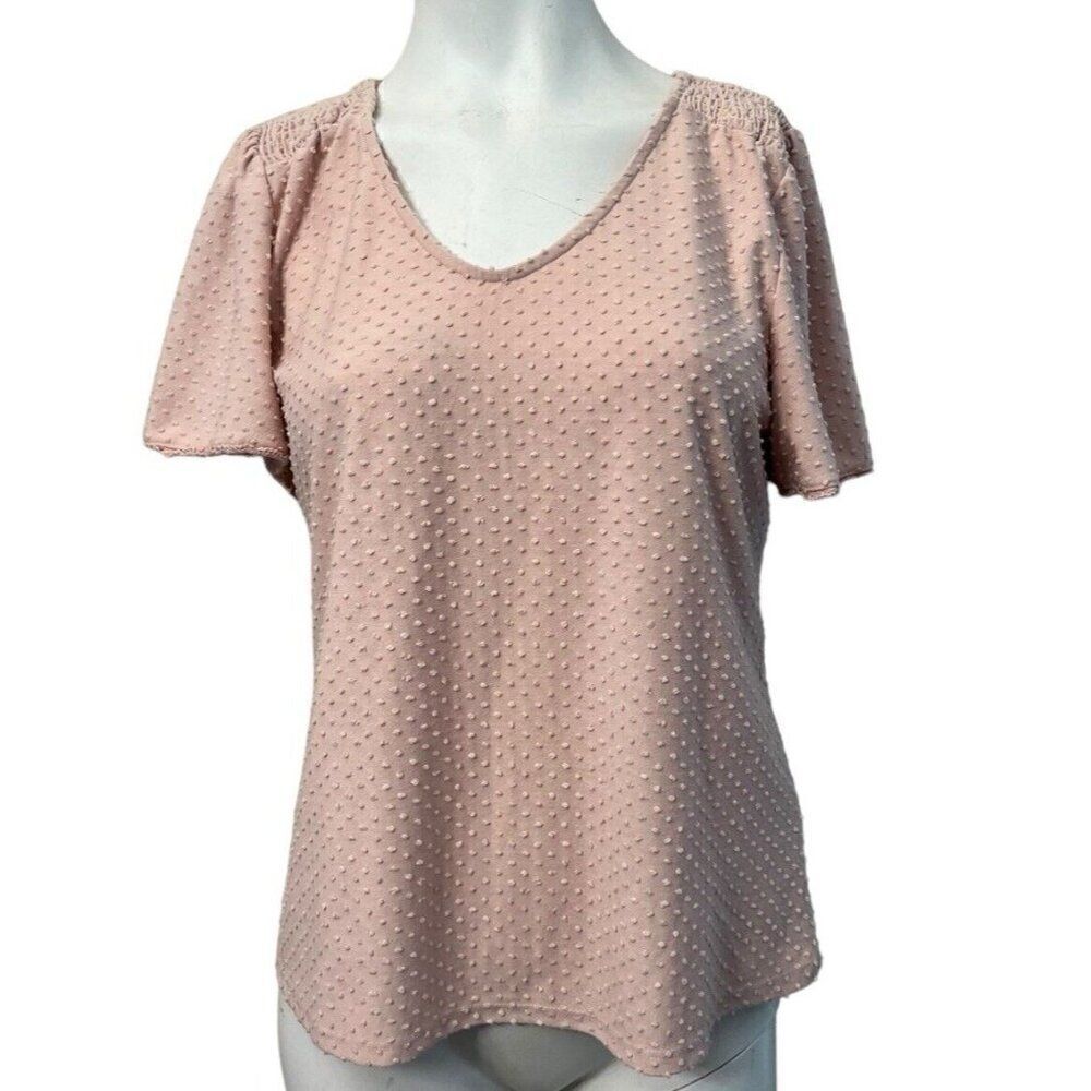 W5 Ladies M Dusty Rose Top Raised Swiss Dots Short Sleeve Blouse Anthropologie